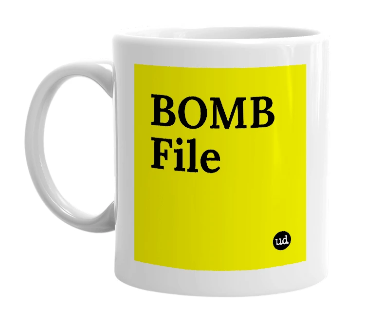 White mug with 'BOMB File' in bold black letters