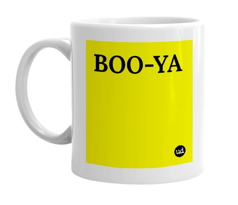 White mug with 'BOO-YA' in bold black letters