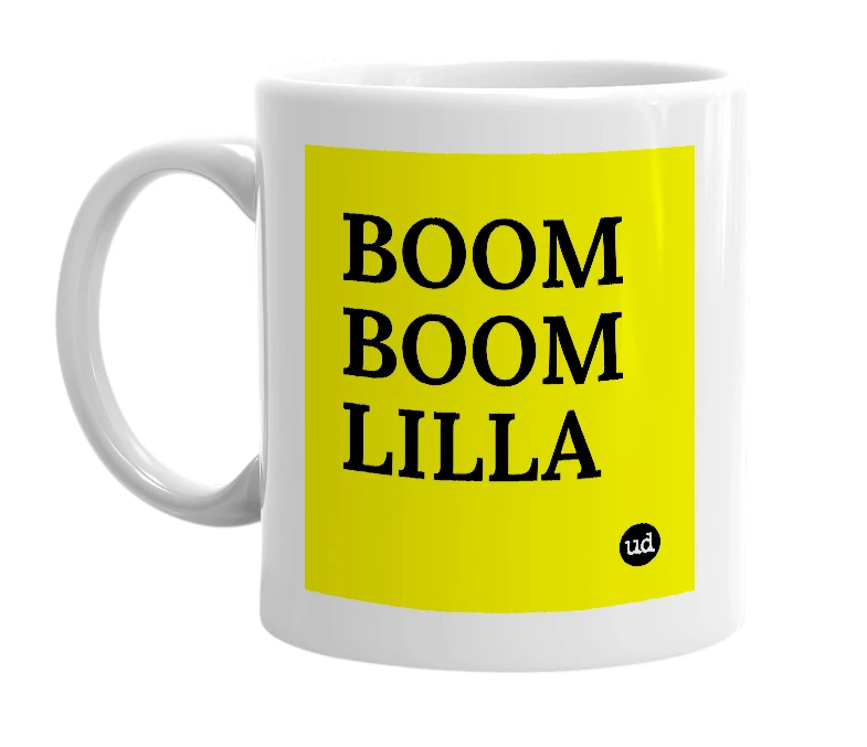 White mug with 'BOOM BOOM LILLA' in bold black letters