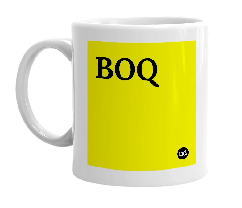 White mug with 'BOQ' in bold black letters