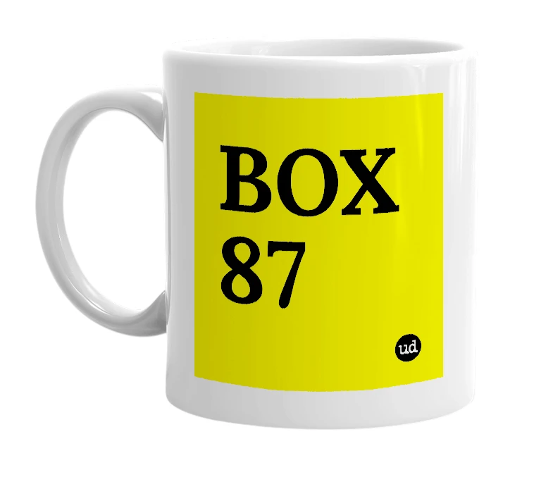 White mug with 'BOX 87' in bold black letters