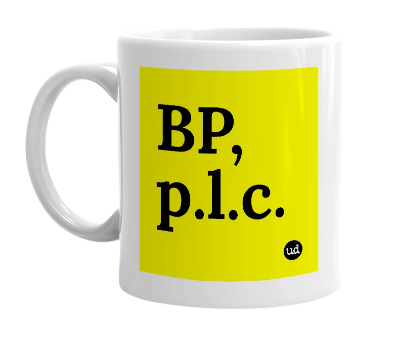 White mug with 'BP, p.l.c.' in bold black letters