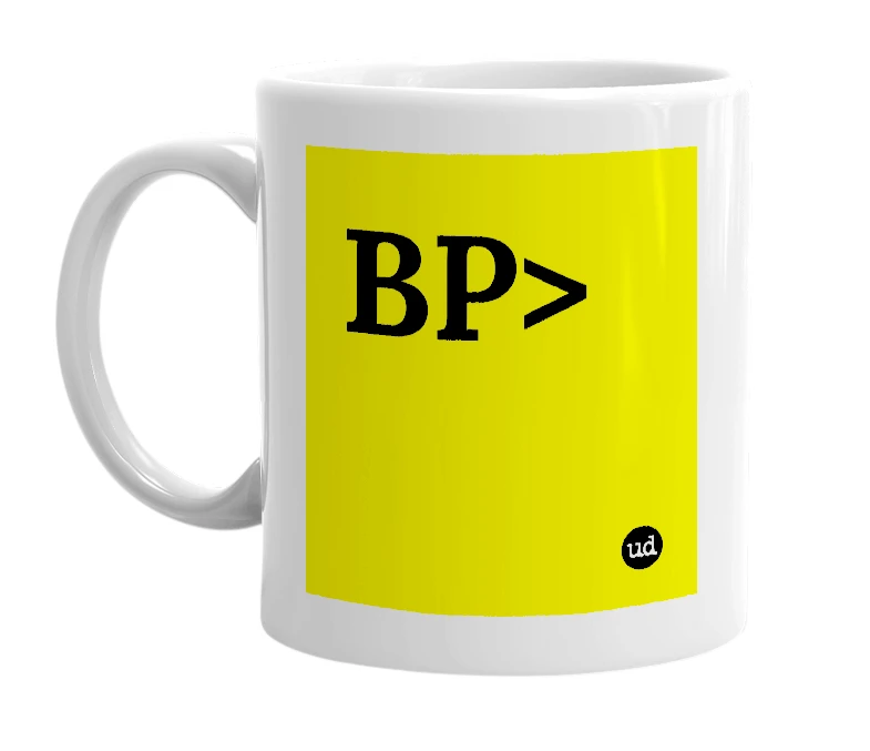 White mug with 'BP>' in bold black letters