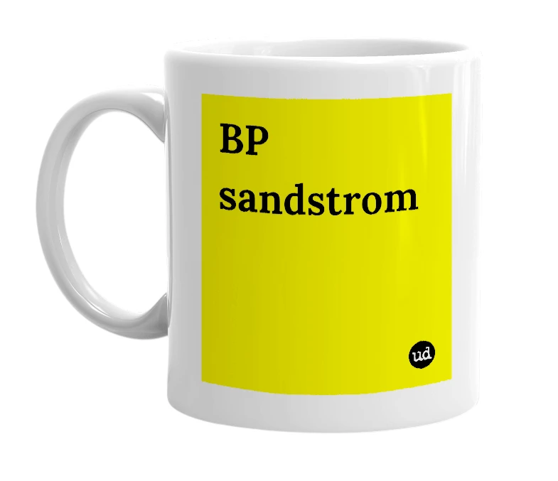 White mug with 'BP sandstrom' in bold black letters