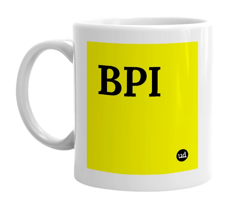 White mug with 'BPI' in bold black letters