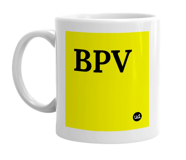 White mug with 'BPV' in bold black letters