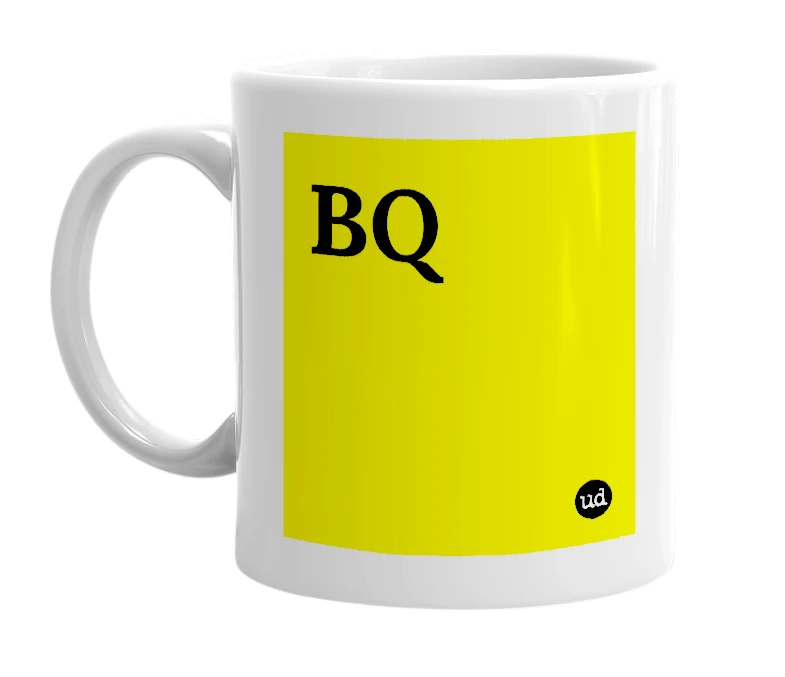White mug with 'BQ' in bold black letters