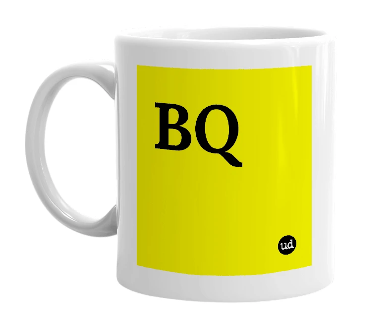 White mug with 'BQ' in bold black letters