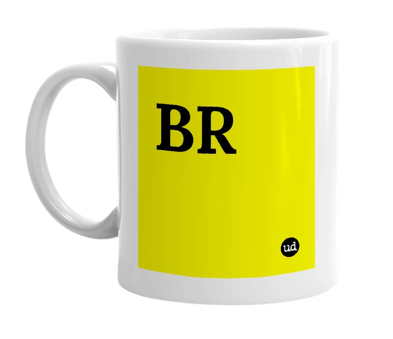 White mug with 'BR' in bold black letters