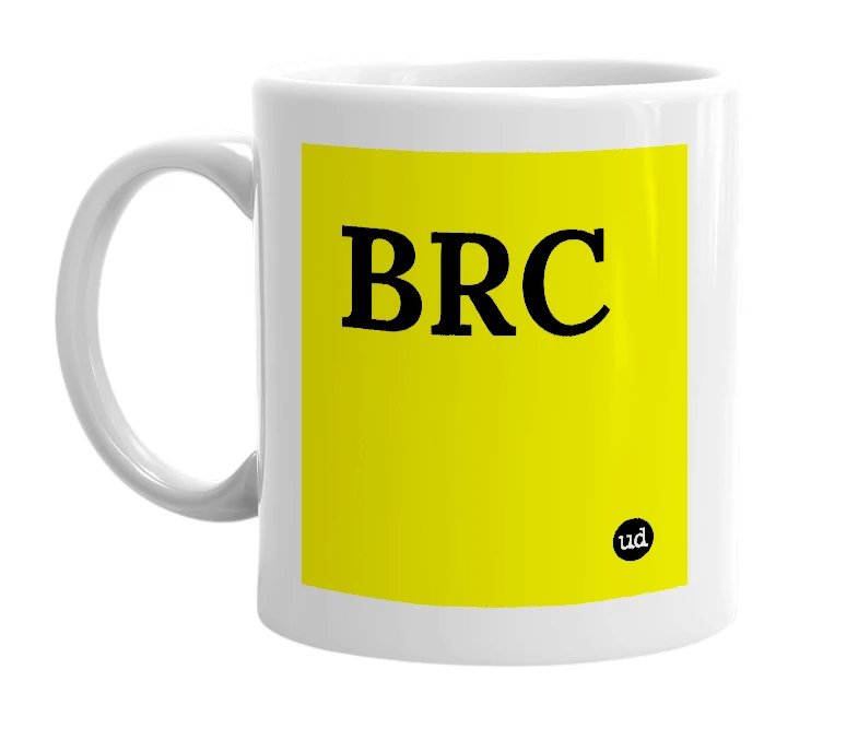 White mug with 'BRC' in bold black letters