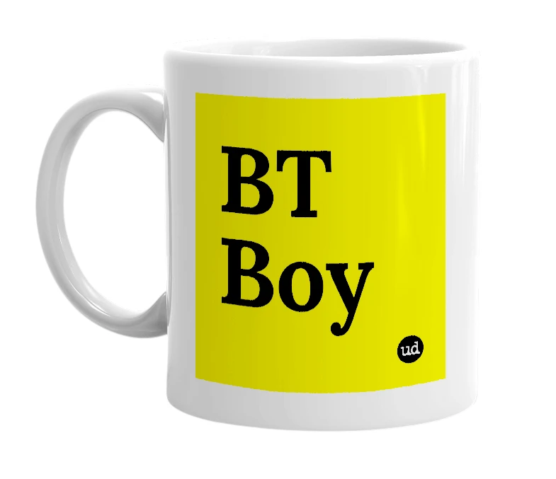 White mug with 'BT Boy' in bold black letters