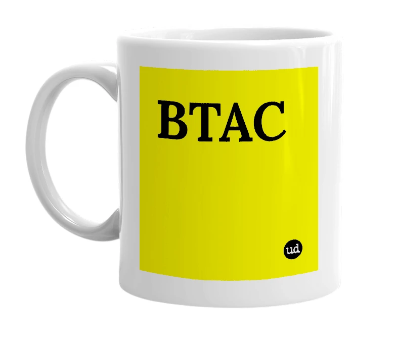 White mug with 'BTAC' in bold black letters