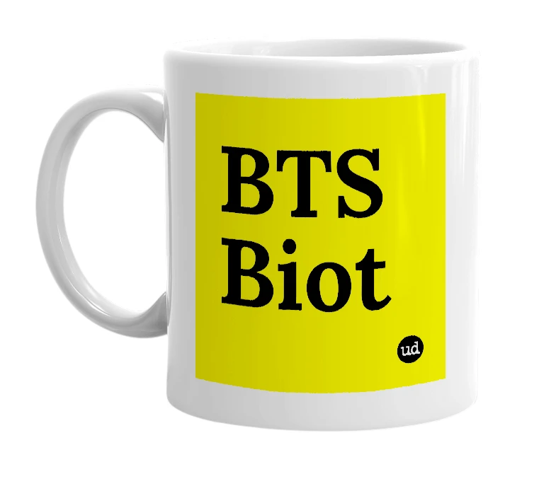 White mug with 'BTS Biot' in bold black letters