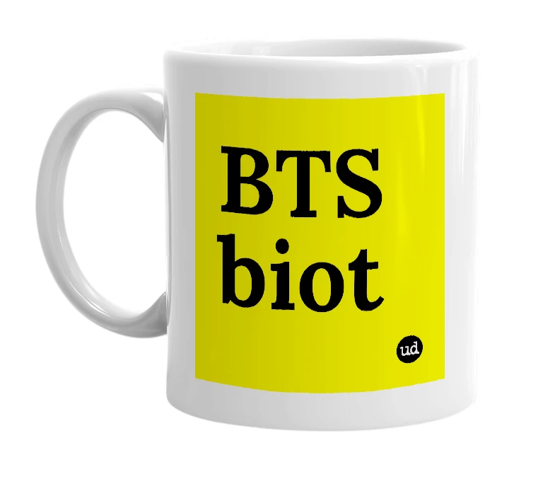 White mug with 'BTS biot' in bold black letters