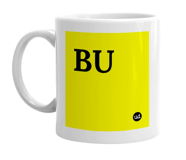 White mug with 'BU' in bold black letters