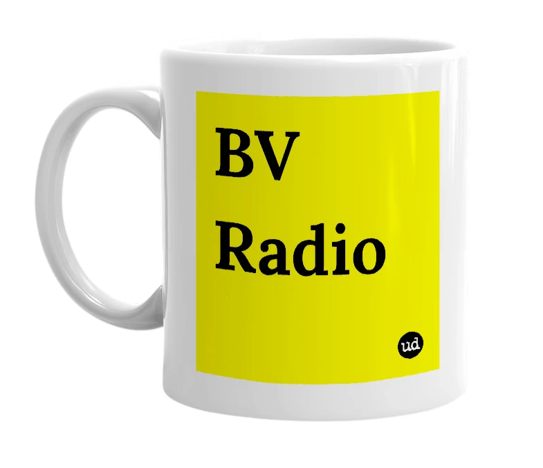 White mug with 'BV Radio' in bold black letters