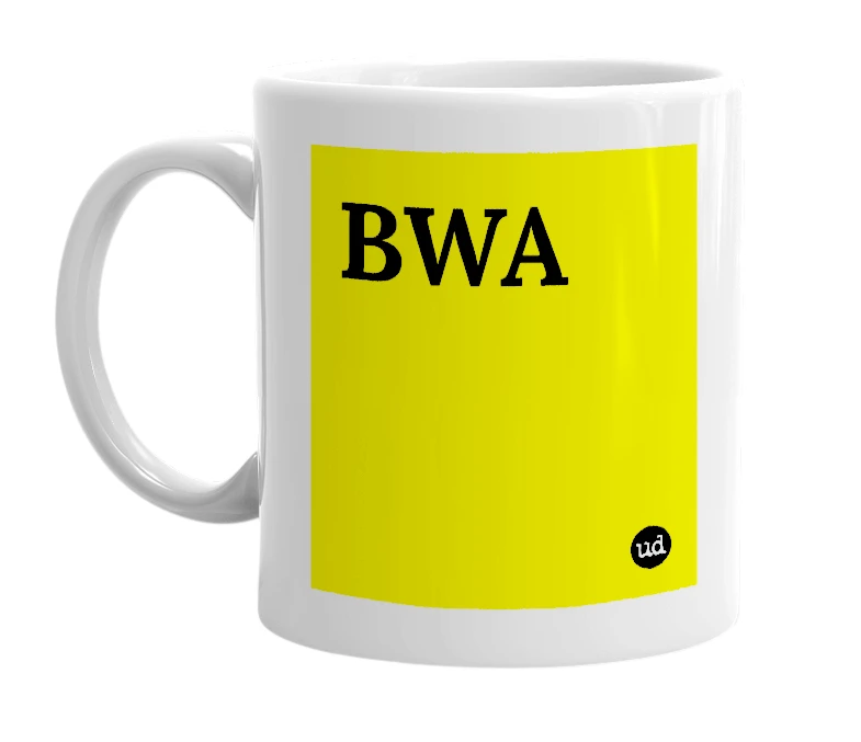 White mug with 'BWA' in bold black letters
