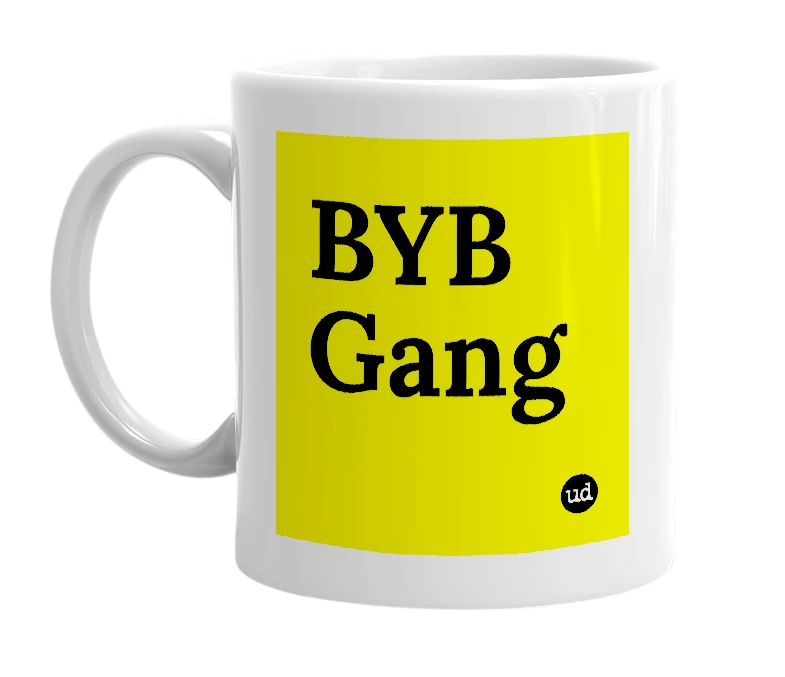 White mug with 'BYB Gang' in bold black letters