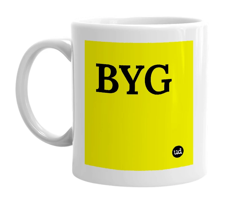 White mug with 'BYG' in bold black letters