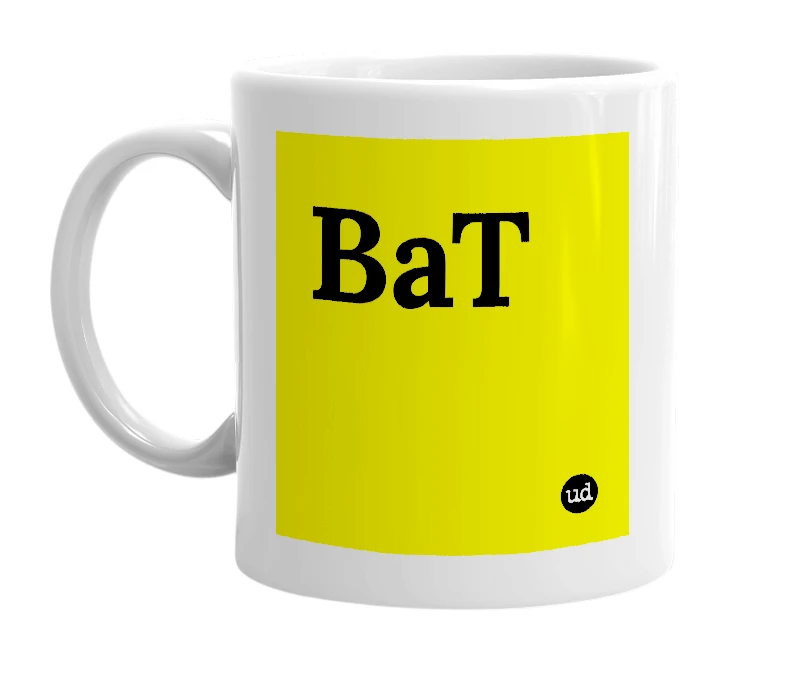 White mug with 'BaT' in bold black letters