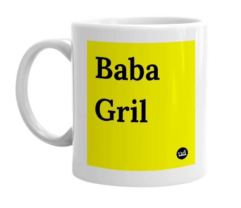White mug with 'Baba Gril' in bold black letters