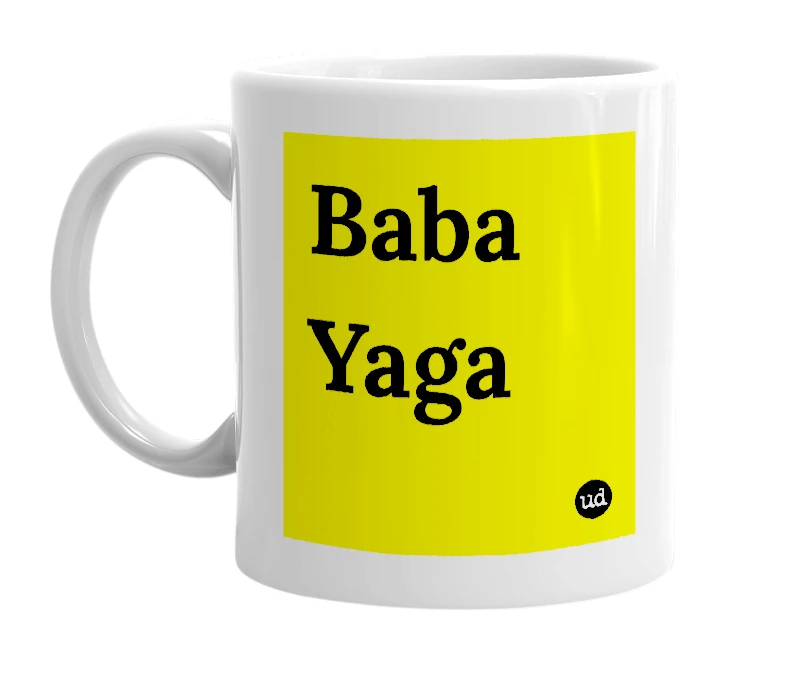 White mug with 'Baba Yaga' in bold black letters