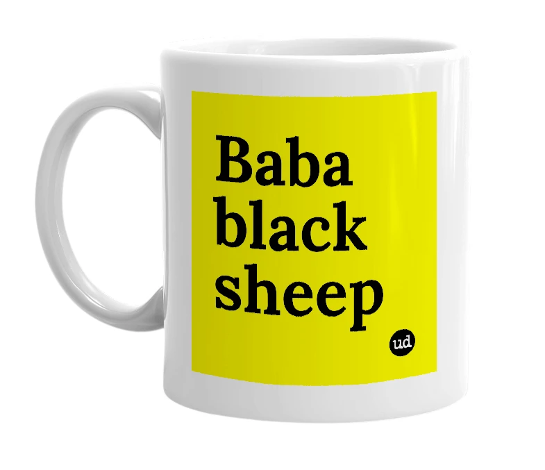 White mug with 'Baba black sheep' in bold black letters