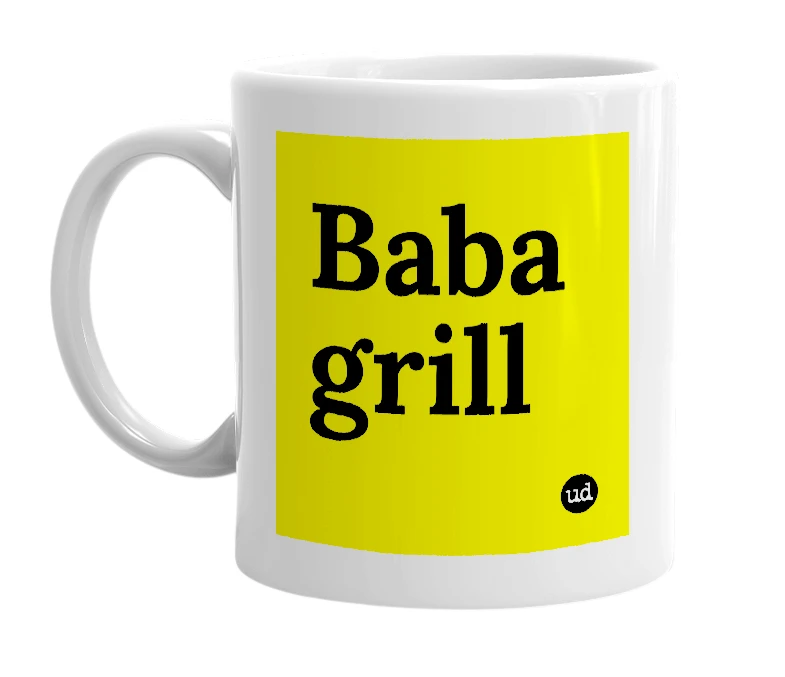 White mug with 'Baba grill' in bold black letters