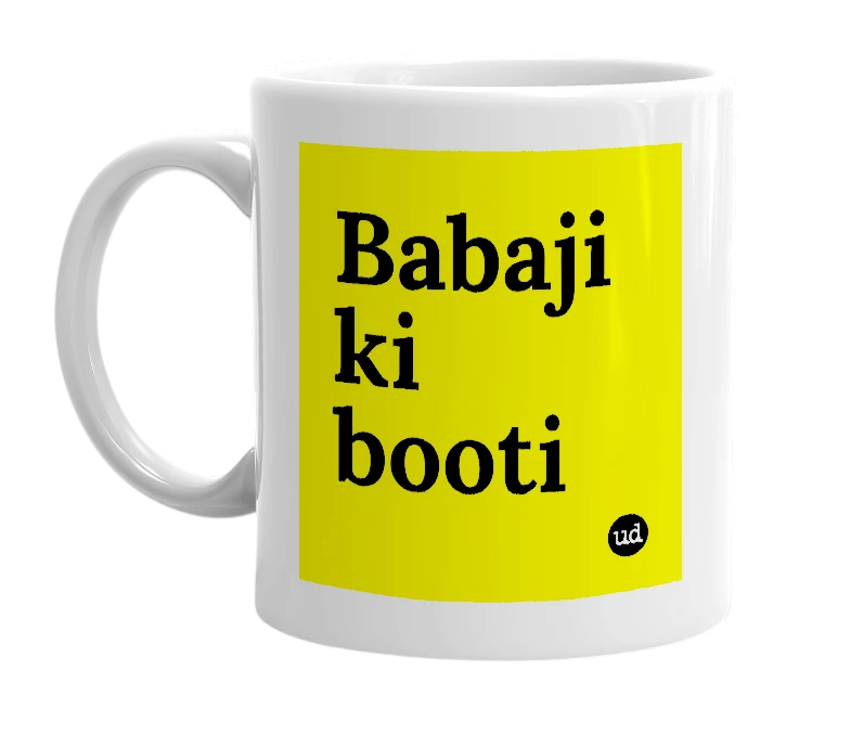 White mug with 'Babaji ki booti' in bold black letters