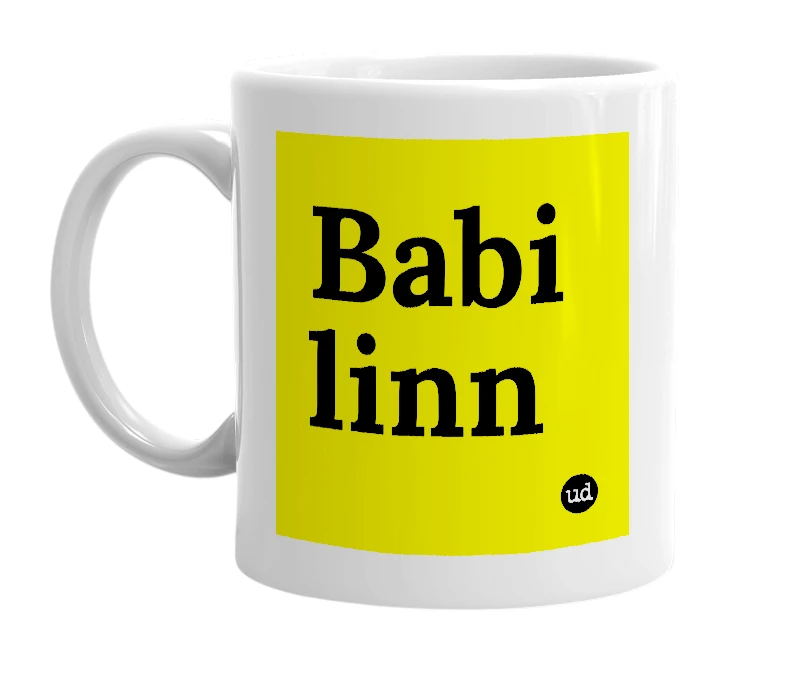 White mug with 'Babi linn' in bold black letters