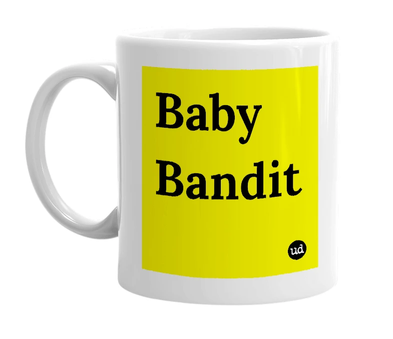 White mug with 'Baby Bandit' in bold black letters