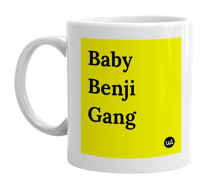 White mug with 'Baby Benji Gang' in bold black letters