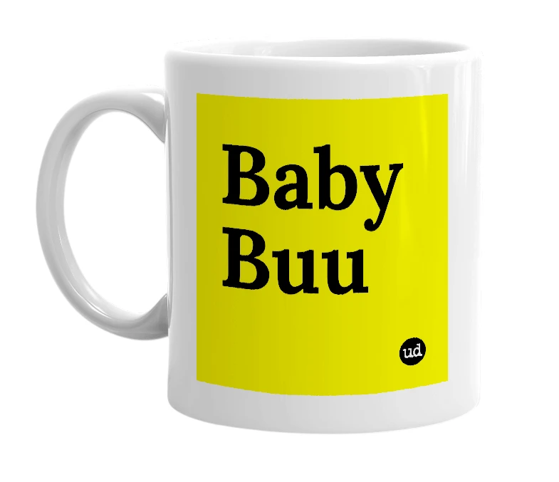 White mug with 'Baby Buu' in bold black letters