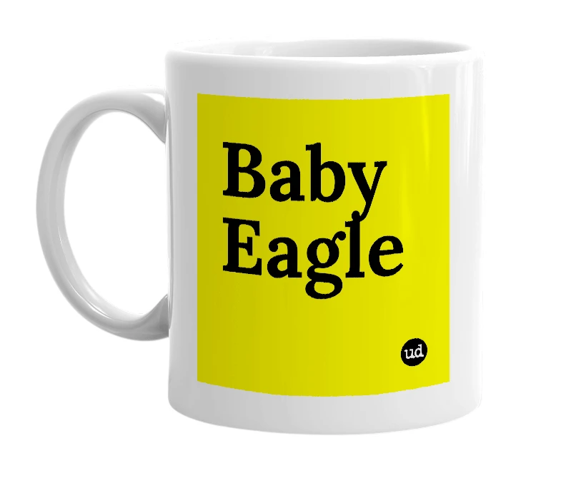 White mug with 'Baby Eagle' in bold black letters