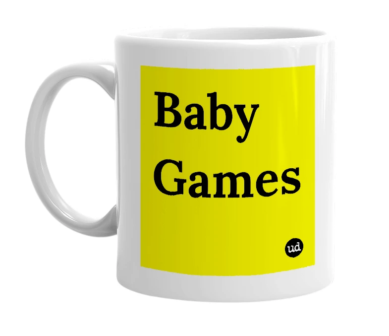 White mug with 'Baby Games' in bold black letters