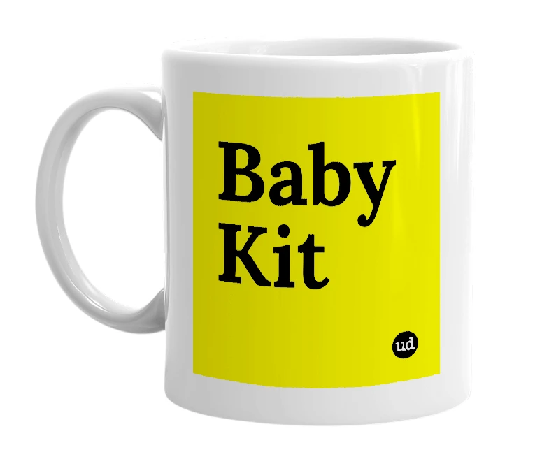 White mug with 'Baby Kit' in bold black letters