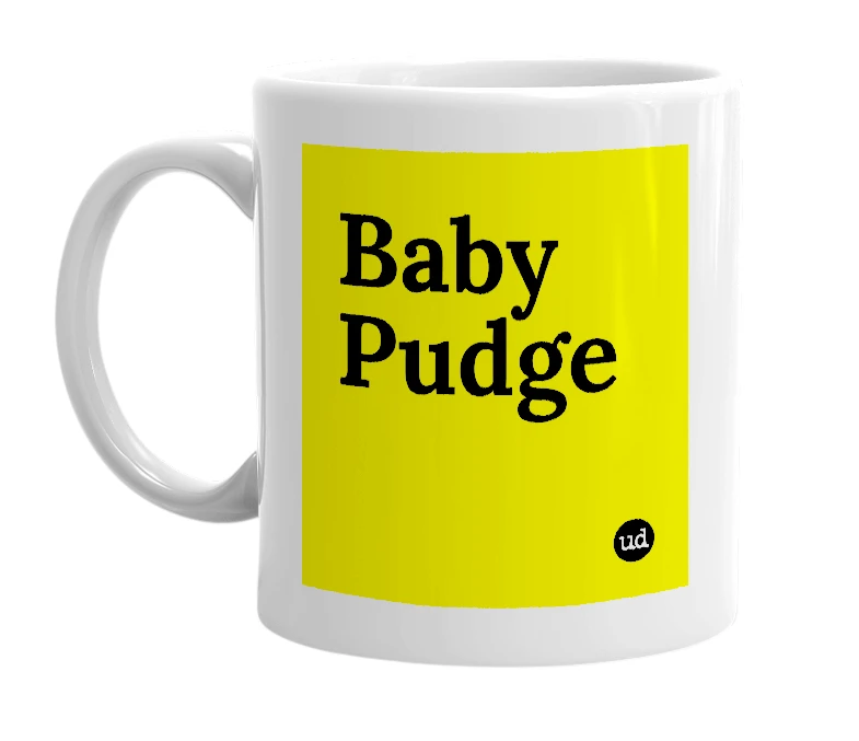 White mug with 'Baby Pudge' in bold black letters