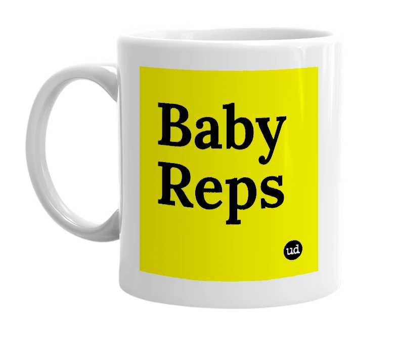 White mug with 'Baby Reps' in bold black letters