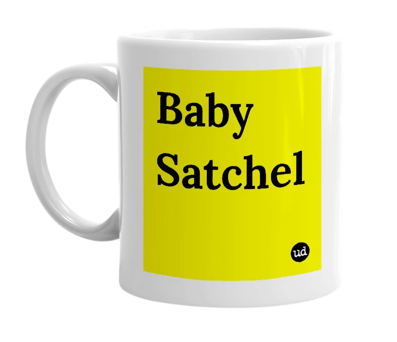 White mug with 'Baby Satchel' in bold black letters