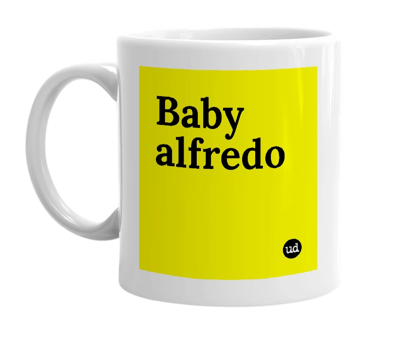 White mug with 'Baby alfredo' in bold black letters