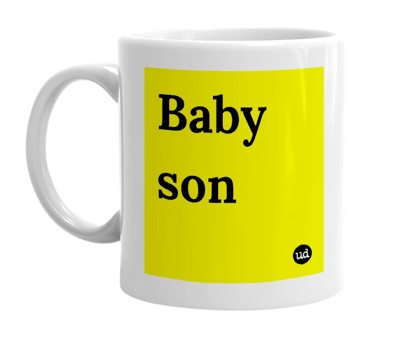 White mug with 'Baby son' in bold black letters