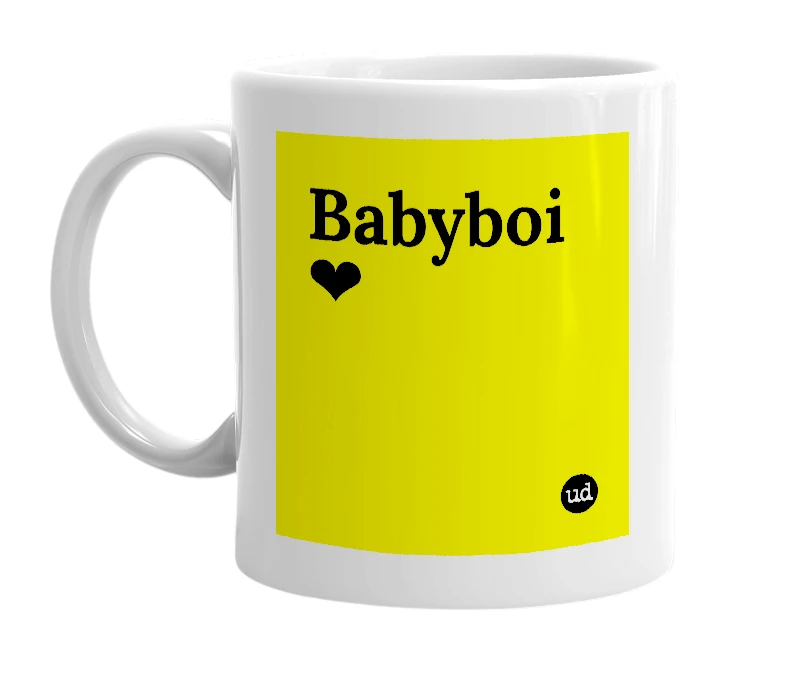 White mug with 'Babyboi❤' in bold black letters