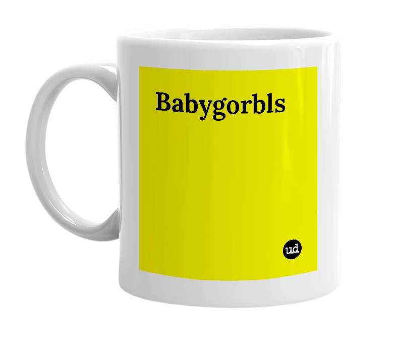 White mug with 'Babygorbls' in bold black letters
