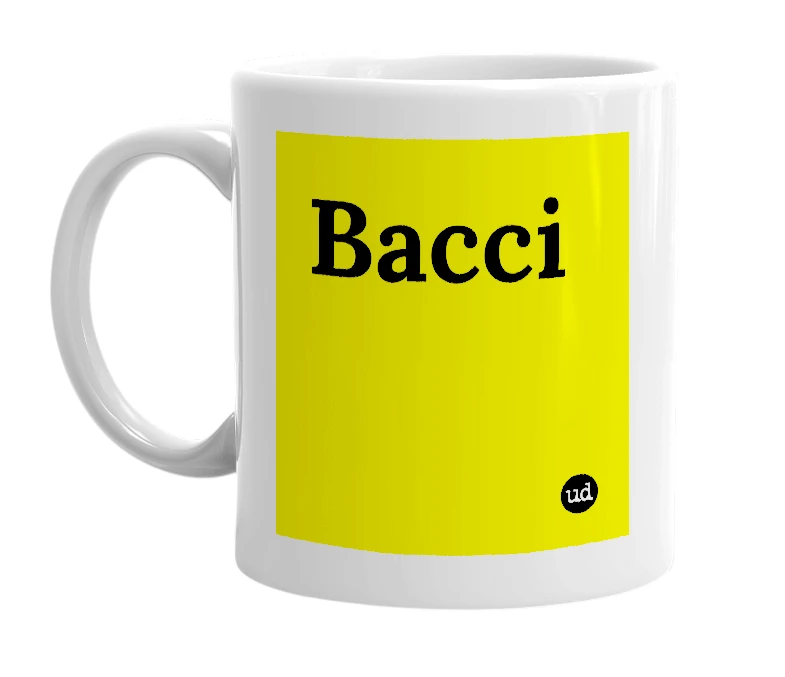 White mug with 'Bacci' in bold black letters
