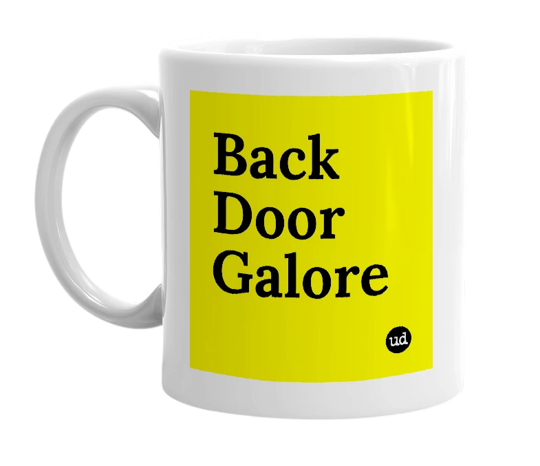 White mug with 'Back Door Galore' in bold black letters