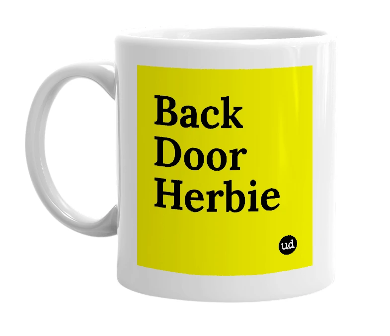 White mug with 'Back Door Herbie' in bold black letters