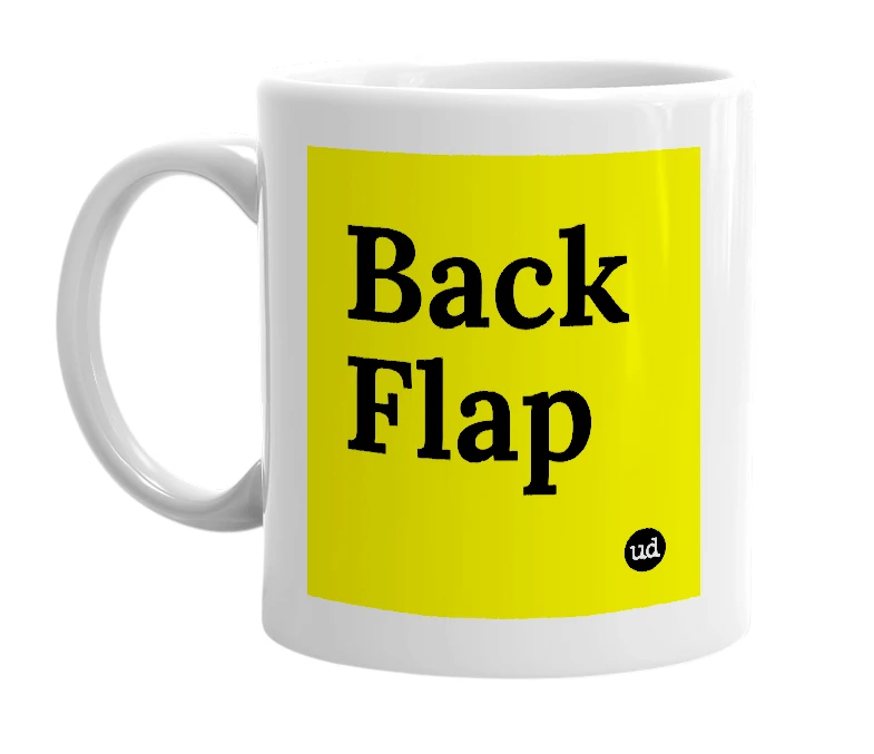 White mug with 'Back Flap' in bold black letters