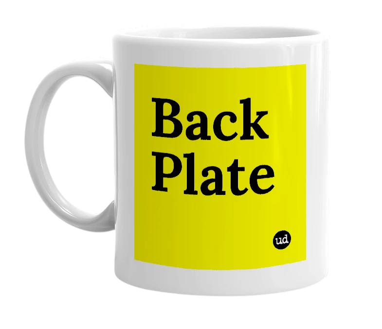 White mug with 'Back Plate' in bold black letters