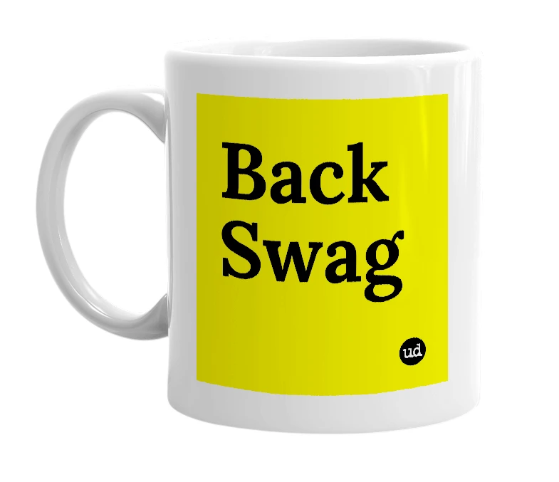 White mug with 'Back Swag' in bold black letters