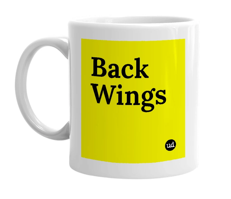 White mug with 'Back Wings' in bold black letters